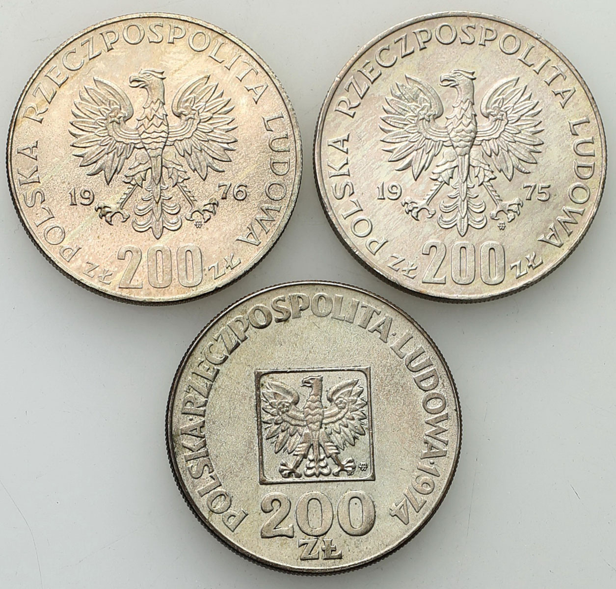 PRL. 200 złotych 1974-1976, zestaw 3 monetPRL. 200 złotych 1974-1976, zestaw 3 monet